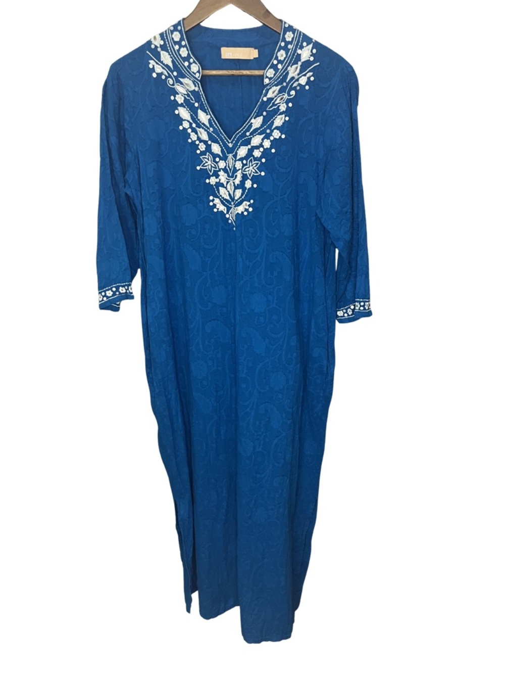La Cera Large 100% Cotton Royal Blue Embroidered V-Neck Tunic